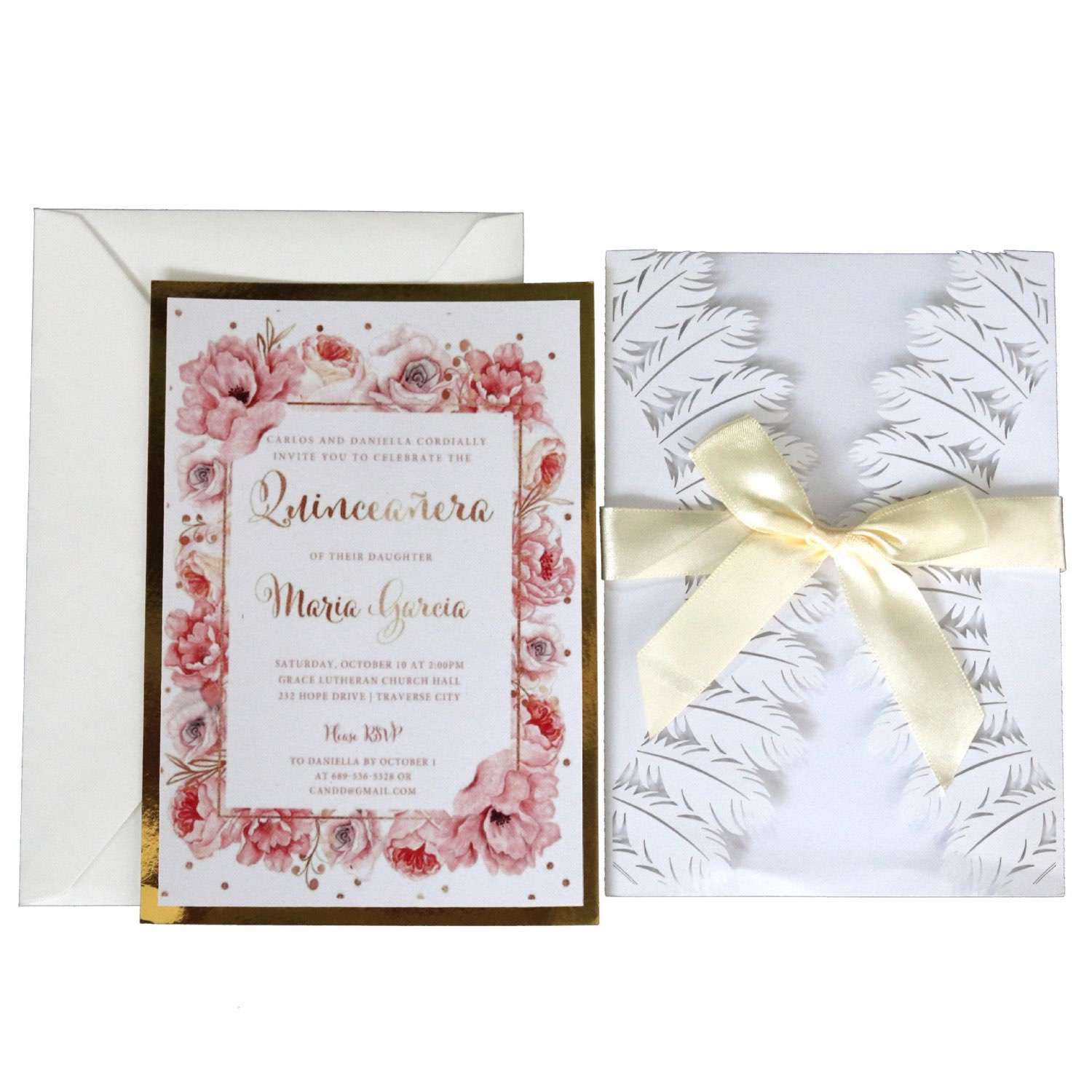 White Wedding Invitation Card Feather Pattern Laser-hollowed Design